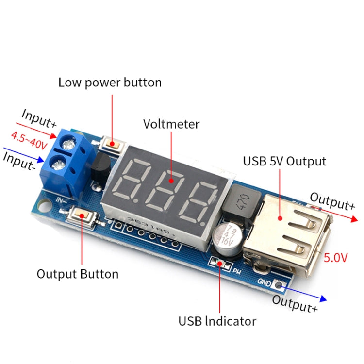 HW-318 Modulo buck da 12 V a 5 V DC-DC 3A Modulo di alimentazione CC LED Batteria Voltmetro per auto