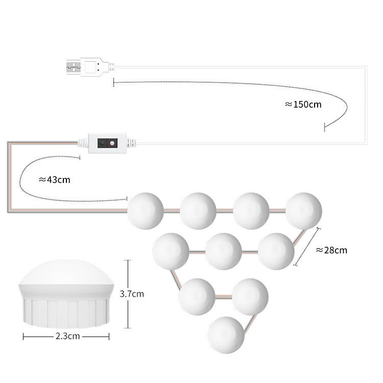 Luce frontale per specchio da bagno per camera cosmetica Luce dimmerabile a tre colori USB, 2 LEDs, 6 LEDs, 10 LEDs, 14 LEDs