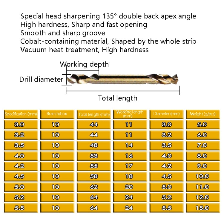 10 PZ M35 Punta elicoidale contenente cobalto Acciaio ad alta velocità Doppia testa Piastra metallica in acciaio Foro di espansione Trapano, Double Head 3.0mm, Double Head 3.2mm, Double Head 3.5mm, Double Head 4.0mm, Double Head 4.2mm, Double Head 4.5m...