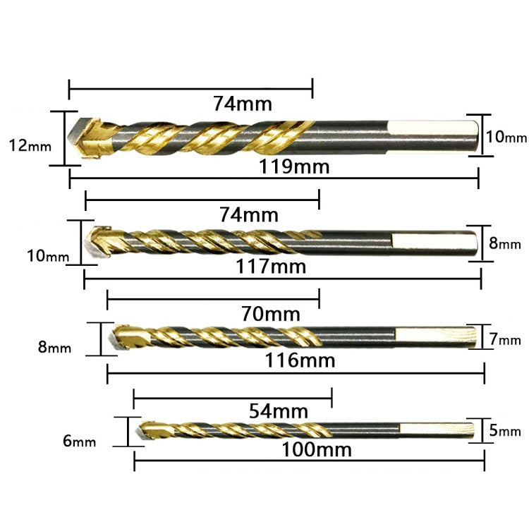 Trapano per mattoni in vetro King Drill placcato in titanio Trapano a triangolo a spirale perforato, 6mm, 8mm, 10mm, 12mm, 6mm+8mm+10mm+12mm, 6mm+6mm+8mm+10mm+12mm