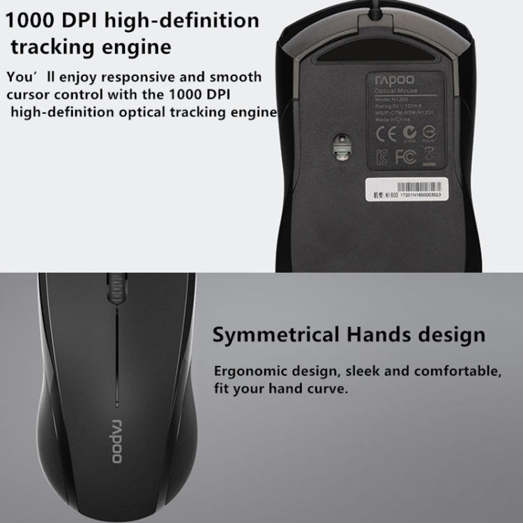 Rapoo N1600 1000 DPI 3 tasti Office Business Mouse silenzioso cablato, lunghezza cavo: 1,5 m