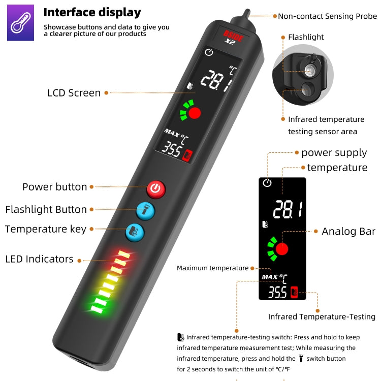 Termometro a infrarossi con penna elettrica multimetro intelligente a tre modalità BSIDE X2 con illuminazione torcia, X2