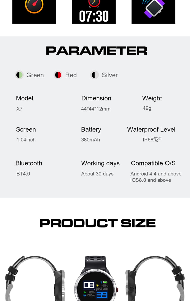 X7 Smart Watch IP68 Impermeabile Uomo Sportivo Smartwatch Android Orologio Bluetooth Supporto Frequenza cardiaca / Promemoria chiamate / Pedometro / Monitoraggio del sonno / Tracker