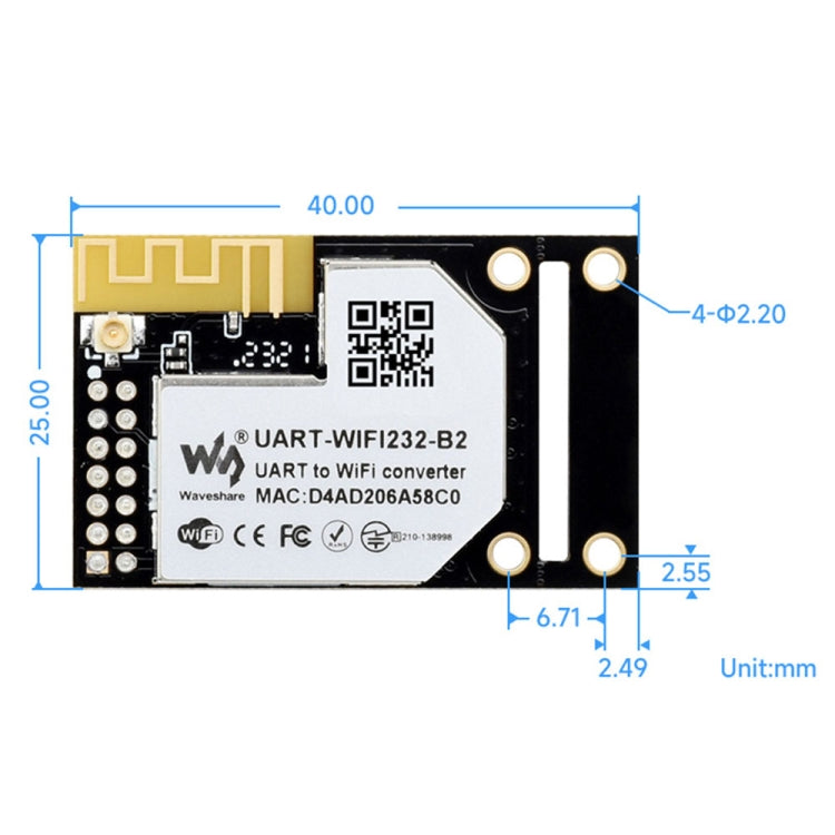 Modulo WiFi Ethernet UART 802.11b/g/n 3,3V 25x40x8mm