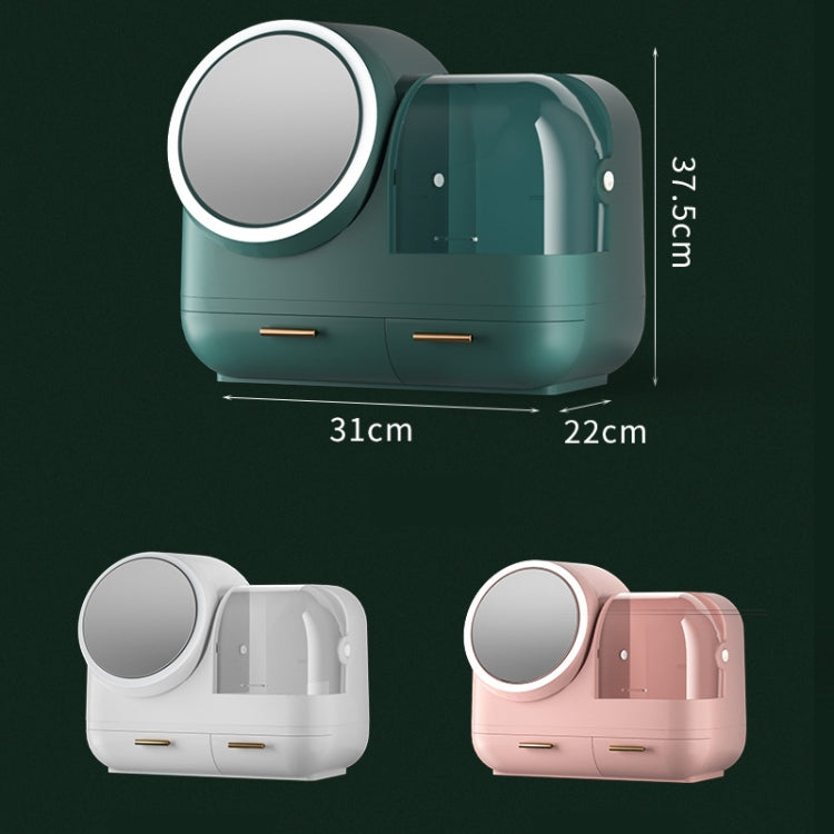 Trucco da tavolo a specchio e scatola di immagazzinaggio del cassetto antipolvere con luce a LED, Green LED Model, Pink LED Model, White LED Model, Green LED + Fan Model, Pink LED + Fan Model, White LED + Fan Model