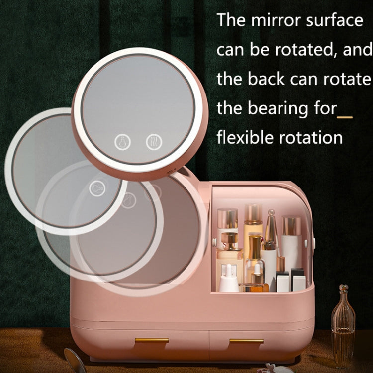 Trucco da tavolo a specchio e scatola di immagazzinaggio del cassetto antipolvere con luce a LED, Green LED Model, Pink LED Model, White LED Model, Green LED + Fan Model, Pink LED + Fan Model, White LED + Fan Model