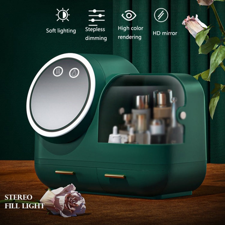 Trucco da tavolo a specchio e scatola di immagazzinaggio del cassetto antipolvere con luce a LED, Green LED Model, Pink LED Model, White LED Model, Green LED + Fan Model, Pink LED + Fan Model, White LED + Fan Model