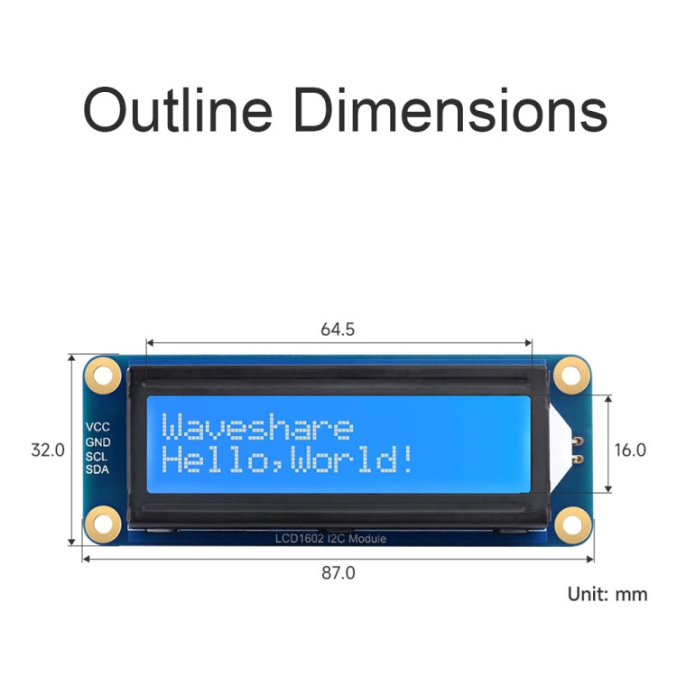 Modulo Waveshare 23991 LCD1602 I2C, bianco con sfondo blu, caratteri 16x2, 3,3 V/5 V, 23991