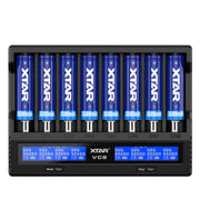 XTAR Caricabatterie a 8 slot Caricabatterie con display LCD QC3.0 Caricabatterie rapido di tipo C per batteria 21700/18650, VC8