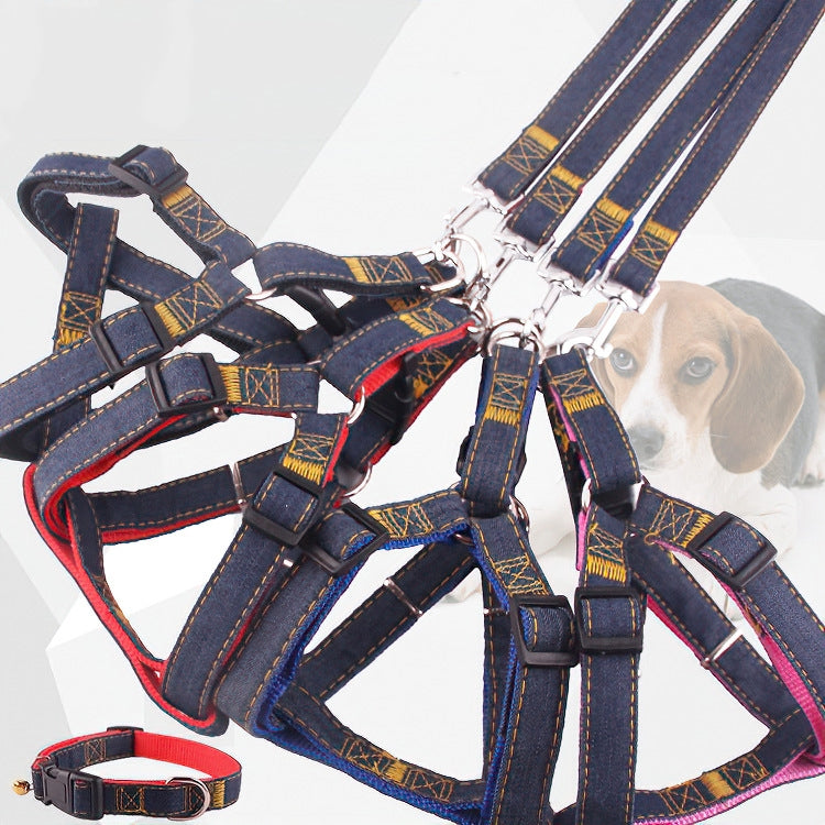 Set guinzaglio, collare e cinturino toracico per cani in denim