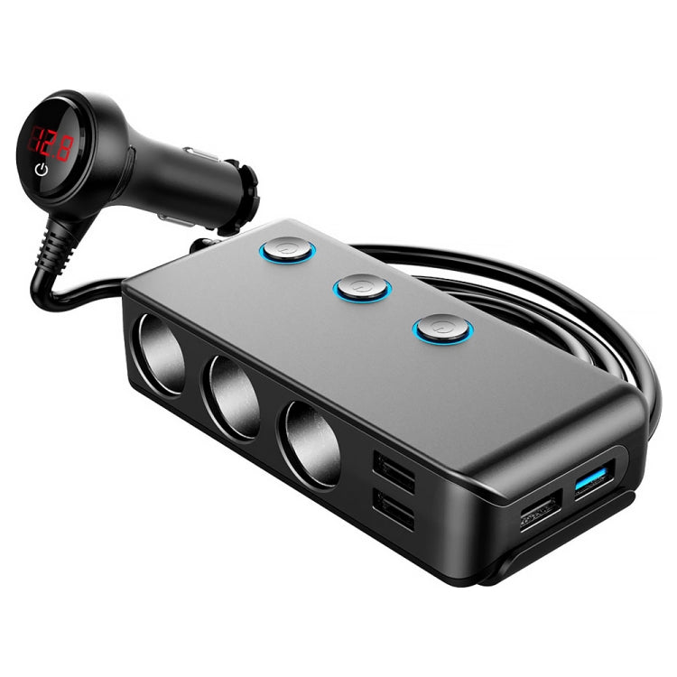 Caricabatteria da auto per accendisigari da auto 3 porte USB + 1 QC3.0 + 3 porte per accendisigari + design con clip posteriore + display a LED, HC67A