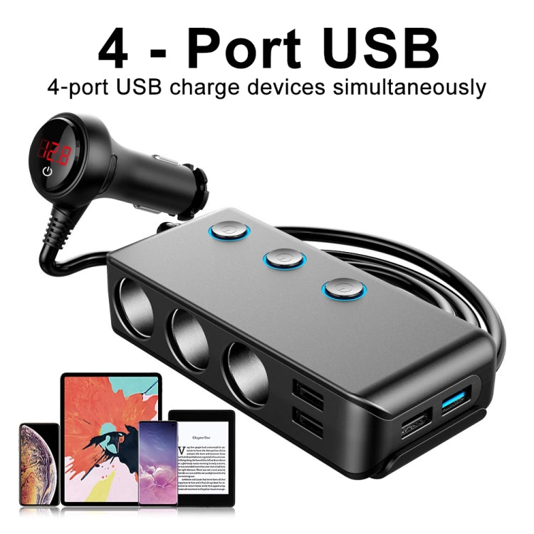 Caricabatteria da auto per accendisigari da auto 3 porte USB + 1 QC3.0 + 3 porte per accendisigari + design con clip posteriore + display a LED, HC67A
