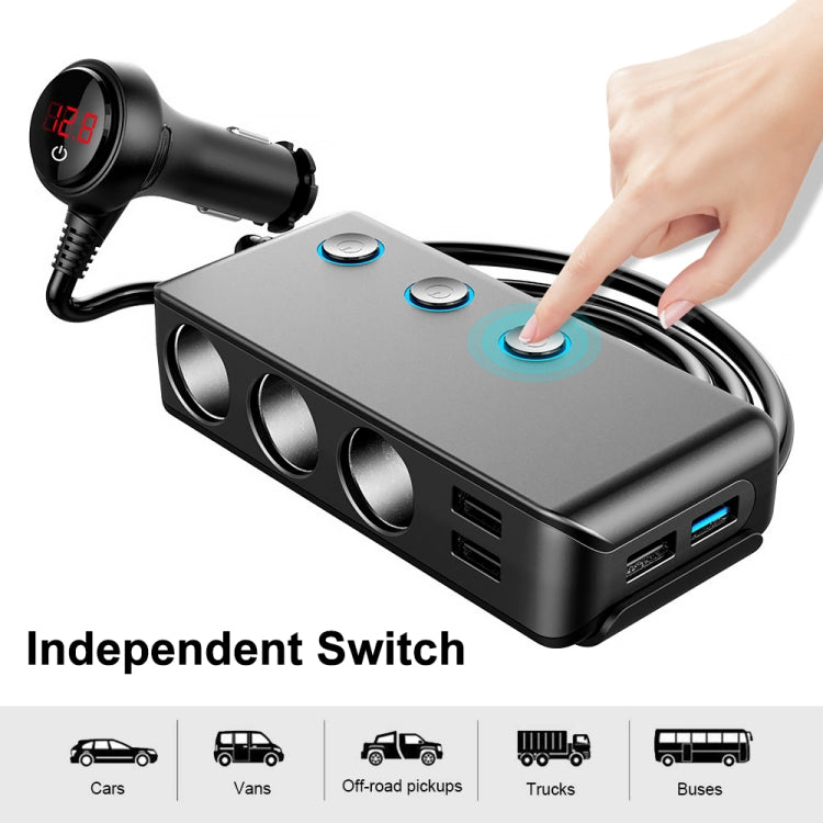 Caricabatteria da auto per accendisigari da auto 3 porte USB + 1 QC3.0 + 3 porte per accendisigari + design con clip posteriore + display a LED, HC67A