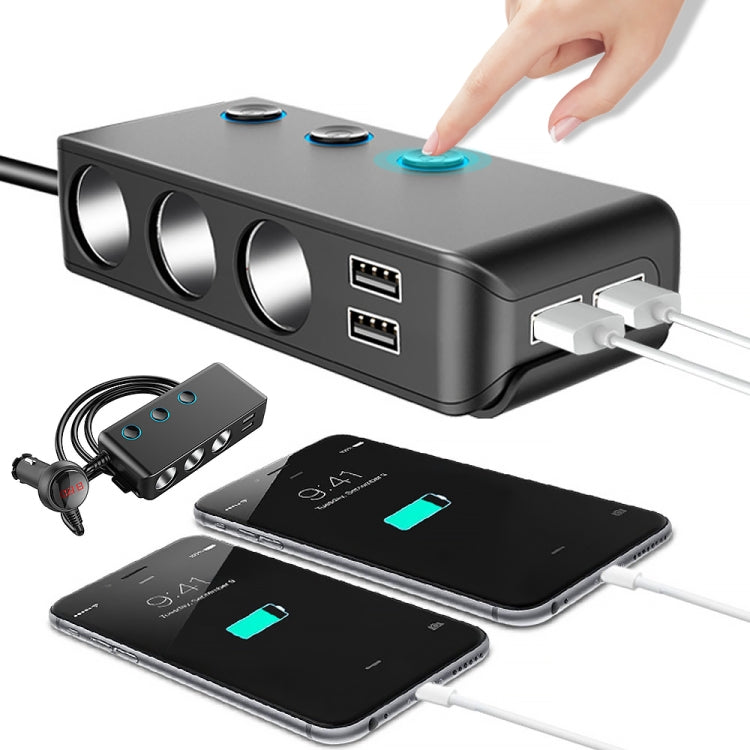 Caricabatteria da auto per accendisigari da auto 3 porte USB + 1 QC3.0 + 3 porte per accendisigari + design con clip posteriore + display a LED, HC67A