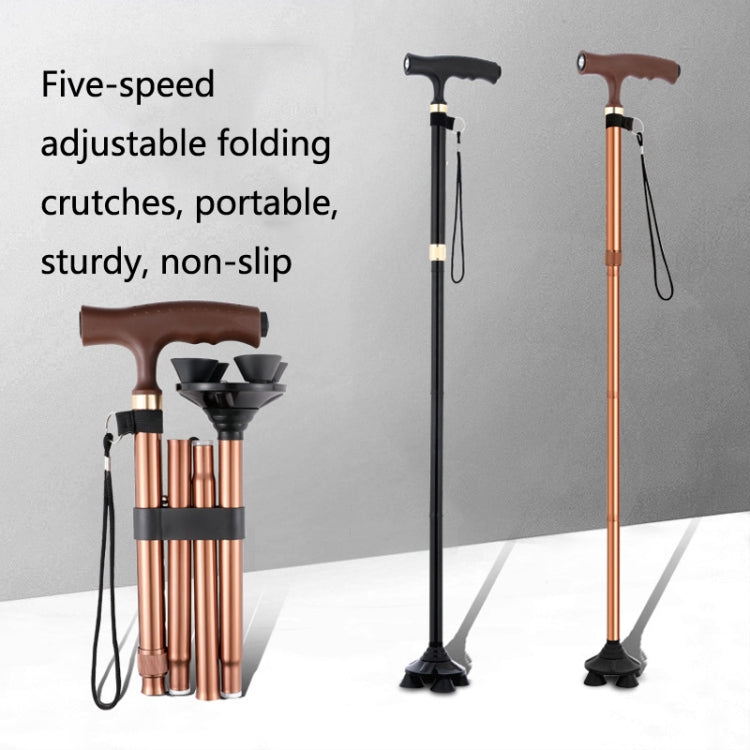 TBS-009 Stampelle per anziani pieghevoli a quattro zampe Lega di alluminio Stampelle antiscivolo leggere e multifunzionali con luce, TBS-009(Black), TBS-009(Brown)