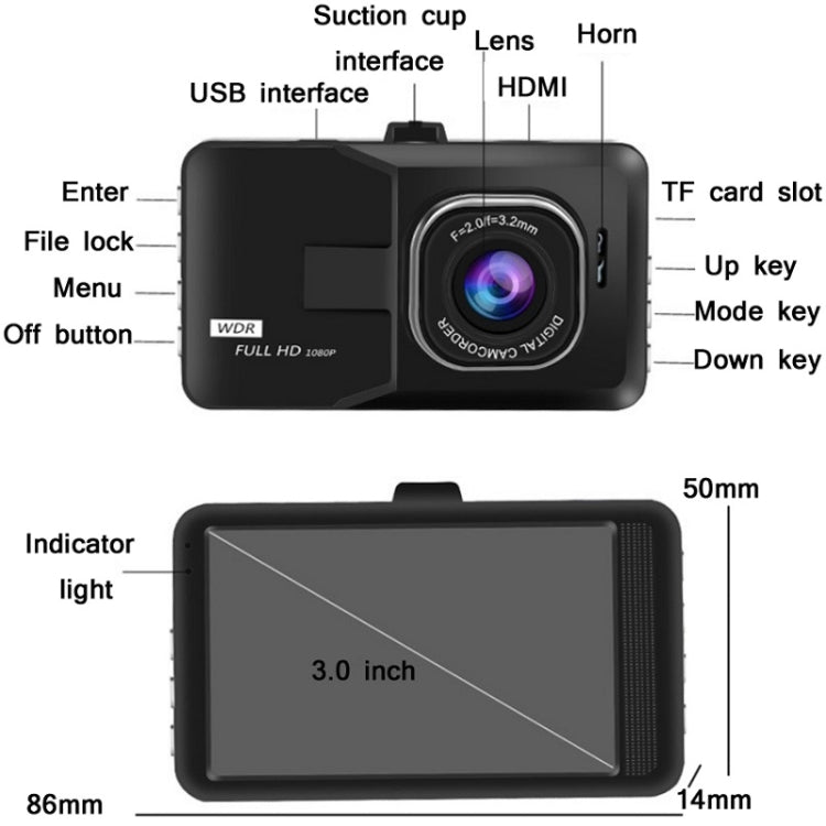 Registratore di guida grandangolare HD 1080P da 3,0 pollici con retromarcia Specifiche dell'immagine:, Normal Definition Single Record（Black）, HD Single Record（Black）, HD Double Record（Black）