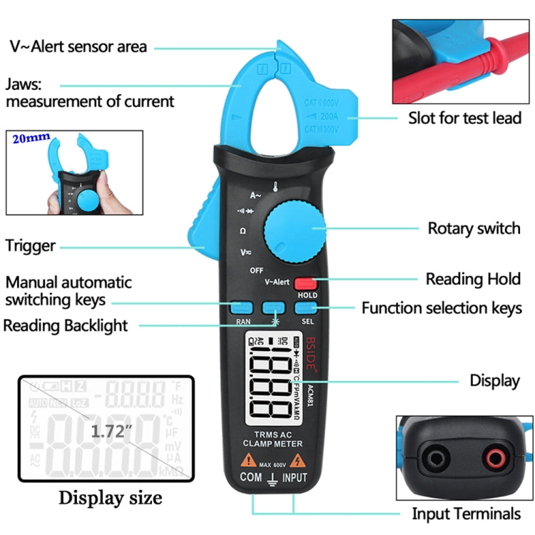BSIDE ACM81 Pinza amperometrica digitale Auto-Rang Precisione 1mA 200A Corrente CC CA Multimetro, ACM81 Blue, ACM81 Black, ACM81 Grey