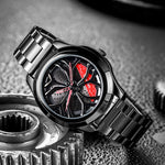 SANDA P1065 Wheel Series Orologio da uomo al quarzo con cinturino in acciaio casual, For Men Blue Red, For Men Black Red, For Men Silver Red, For Men Blue Green, For Men Black Green, For Men Silver Green