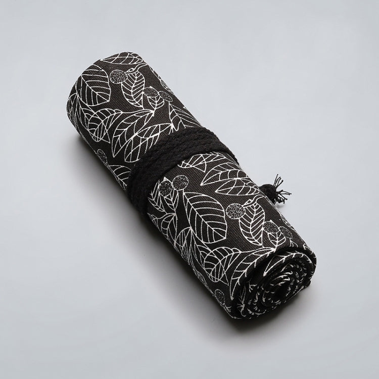 Black Leaf Canvas Printing Pen Curtain Borsa per penna a rotolo di grande capacità Borsa per penna a colori per schizzi, 12 Holes, 24 Holes, 36  Holes, 48  Holes, 72 Holes