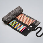 Black Leaf Canvas Printing Pen Curtain Borsa per penna a rotolo di grande capacità Borsa per penna a colori per schizzi, 12 Holes, 24 Holes, 36  Holes, 48  Holes, 72 Holes