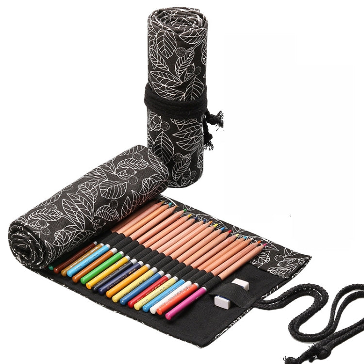 Black Leaf Canvas Printing Pen Curtain Borsa per penna a rotolo di grande capacità Borsa per penna a colori per schizzi, 12 Holes, 24 Holes, 36  Holes, 48  Holes, 72 Holes