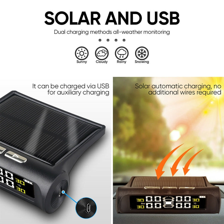 T1 Sistema di monitoraggio della pressione dei pneumatici solare wireless montato su veicolo Termometro per la pressione dei pneumatici per veicoli per uso generico, T1