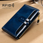 Portafoglio da donna in pelle con slot per schede multiple Portafoglio in pelle con cera d'olio retrò Frizione a spazzola antifurto RFID di tipo lungo