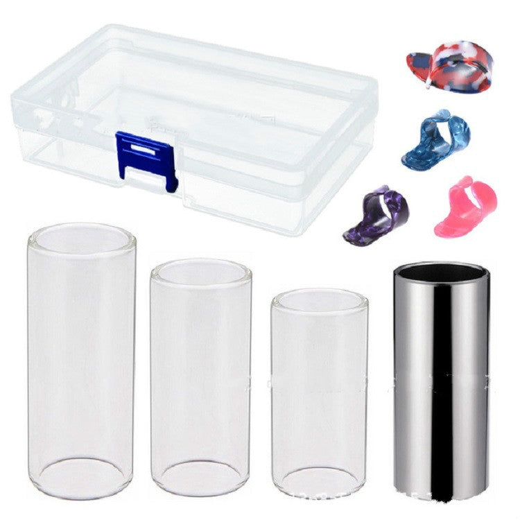 M02219 Barra di scorrimento in plexiglass 4 in 1 + barra di scorrimento in acciaio inossidabile + plettro per chitarra in celluloide + set di scatole di plastica, Plexiglass Slid Bar