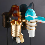 Porta asciugacapelli Space in alluminio dorato, With Barrel (Silver), With Barrel (Gold), With Double Barrel, With Toothbrush Holder