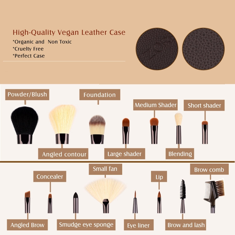 ZOREYA 15 in 1 Set di pennelli per trucco in noce nera Set completo di strumenti di bellezza Pennello per trucco in polvere per capelli in nylon