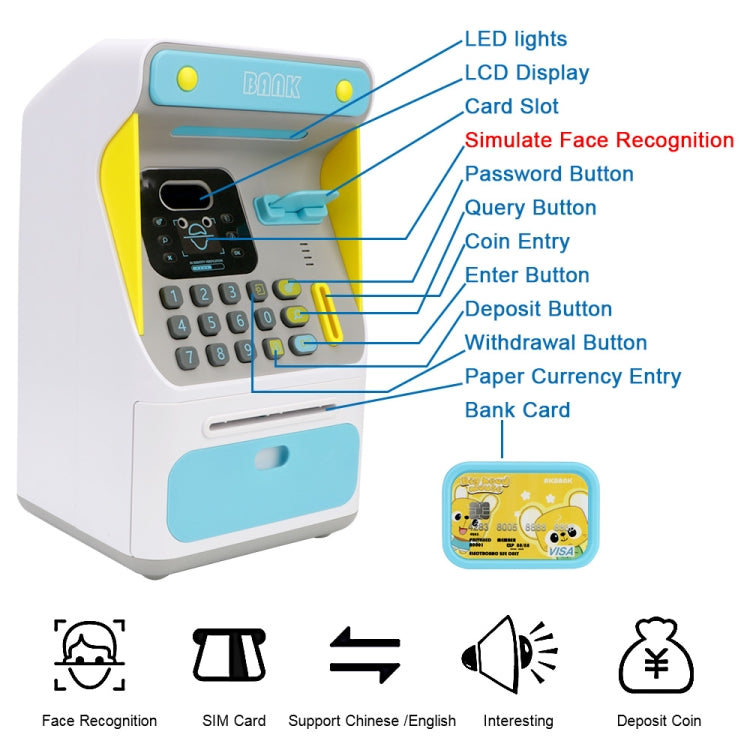 8010 Riconoscimento Facciale Simulato Bancomat Salvadanaio Salvadanaio Automatico Salvadanaio Sicuro Salvadanaio,Stile:, Pink, Blue, Rechargeable Version Pink, Rechargeable Version Blue