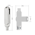 USB 3.0 + 8 pin + USB-C / Type-C 3 in 1 Telefono Computer U-Disk in metallo girevole, 16GB, 32GB, 64GB, 128GB, 256GB