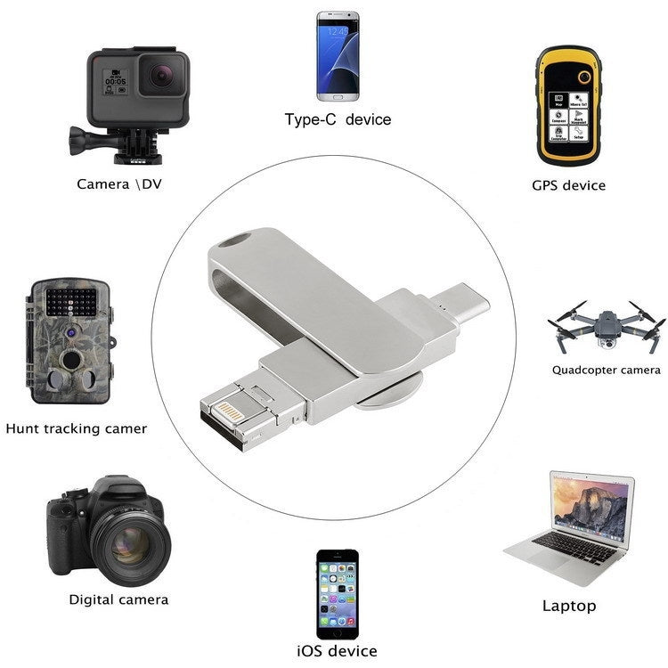 USB 3.0 + 8 pin + USB-C / Type-C 3 in 1 Telefono Computer U-Disk in metallo girevole, 16GB, 32GB, 64GB, 128GB, 256GB