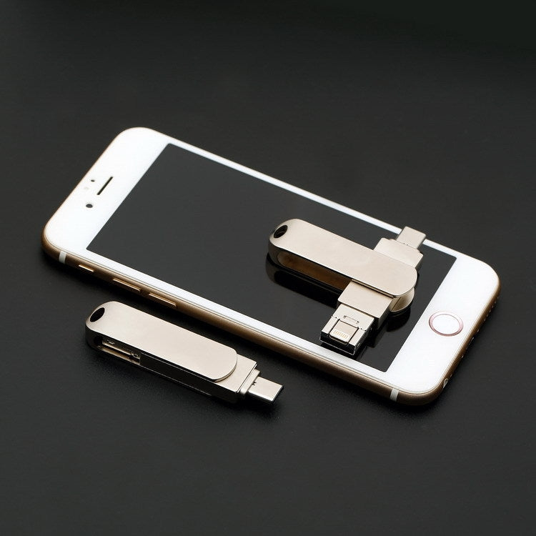 USB 3.0 + 8 pin + USB-C / Type-C 3 in 1 Telefono Computer U-Disk in metallo girevole, 16GB, 32GB, 64GB, 128GB, 256GB