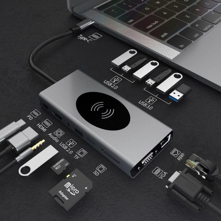 Docking station USB HUB di tipo C BX15W con funzione di ricarica wireless, BX15W