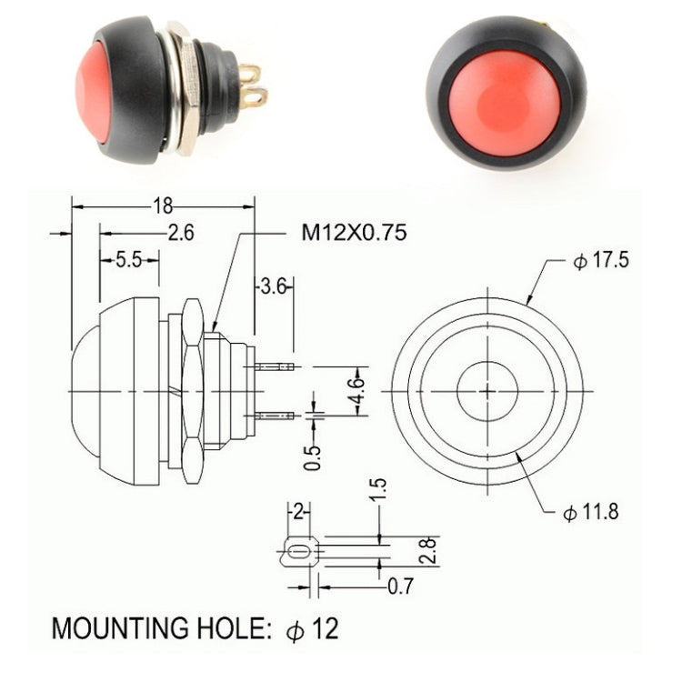 Interruttore a pulsante autoripristino impermeabile 12mm