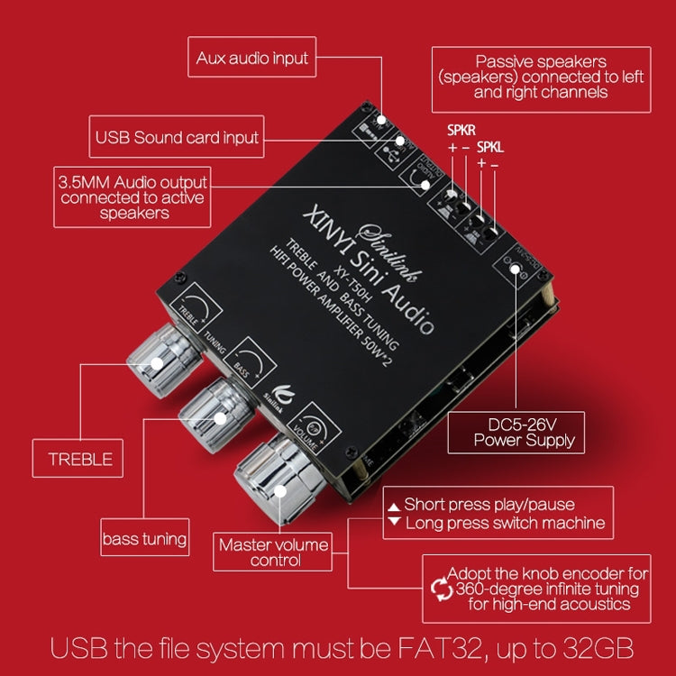 XINYI Sini T50H Bluetooth 5.0 con modulo piastra di potenza digitale stereo con regolazione ad alto livello pre-stadio, Sini T50H