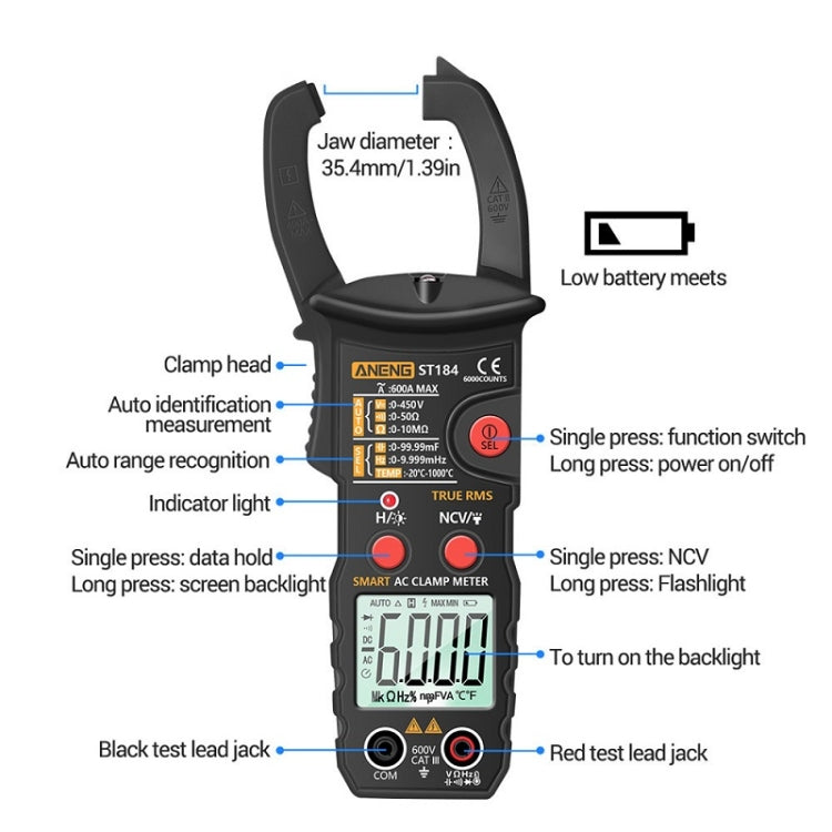 Multimetro digitale a morsetto ANENG ST184 con torcia LED