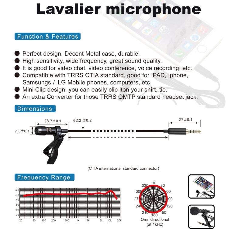 Microfono a collare omnidirezionale per smartphone 3,5 mm