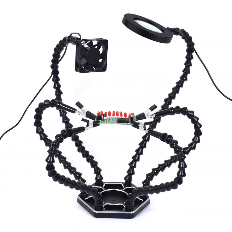 Stazione di saldatura per lente d'ingrandimento con lampada LED a sei ganasce con ventola, N-SS6LMF-BK9, N-SS6LF-BK9
