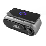 Altoparlante Bluetooth con ricarica wireless e orologio LED da tavolo.