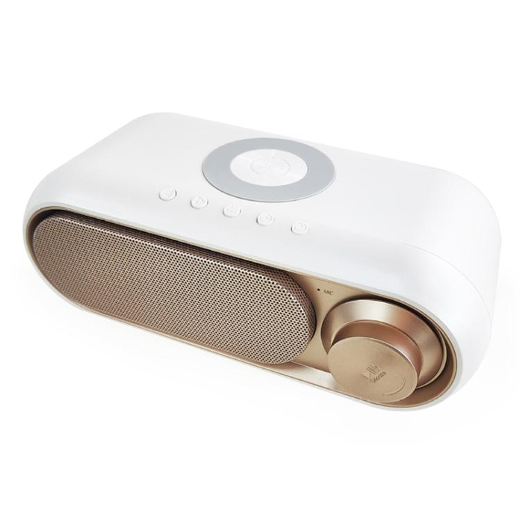 Altoparlante Bluetooth con ricarica wireless e orologio LED da tavolo.