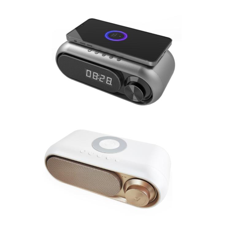 Altoparlante Bluetooth con ricarica wireless e orologio LED da tavolo.