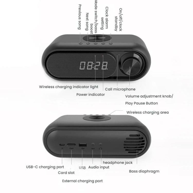 Altoparlante Bluetooth con ricarica wireless e orologio LED da tavolo.