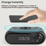 Altoparlante Bluetooth con ricarica wireless e orologio LED da tavolo.