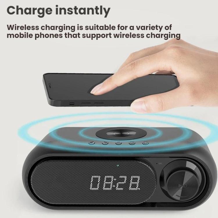 Altoparlante Bluetooth con ricarica wireless e orologio LED da tavolo.
