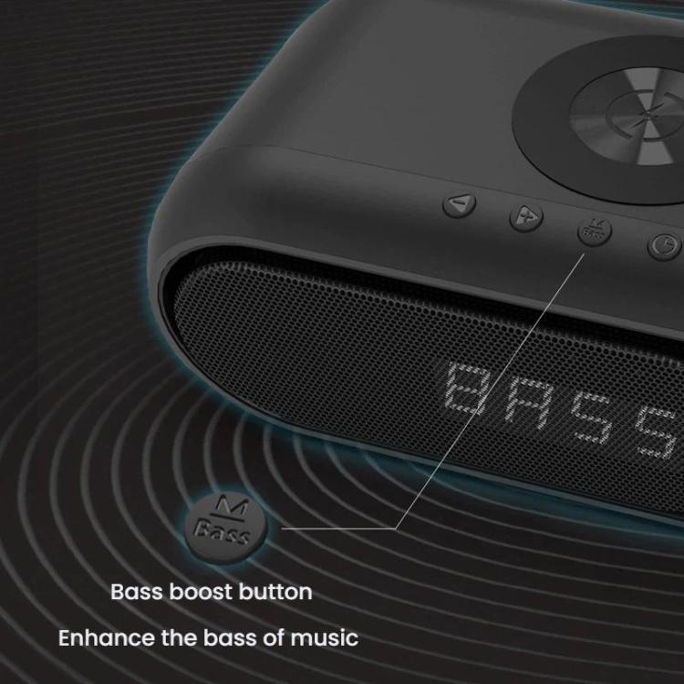 Altoparlante Bluetooth con ricarica wireless e orologio LED da tavolo.