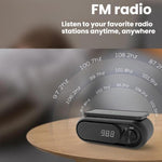 Altoparlante Bluetooth con ricarica wireless e orologio LED da tavolo.