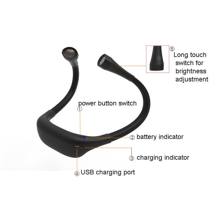 Lampada da collo appesa Protezione degli occhi per studenti Lampada da lettura a LED Lampada da libro ricaricabile USB, White, Black