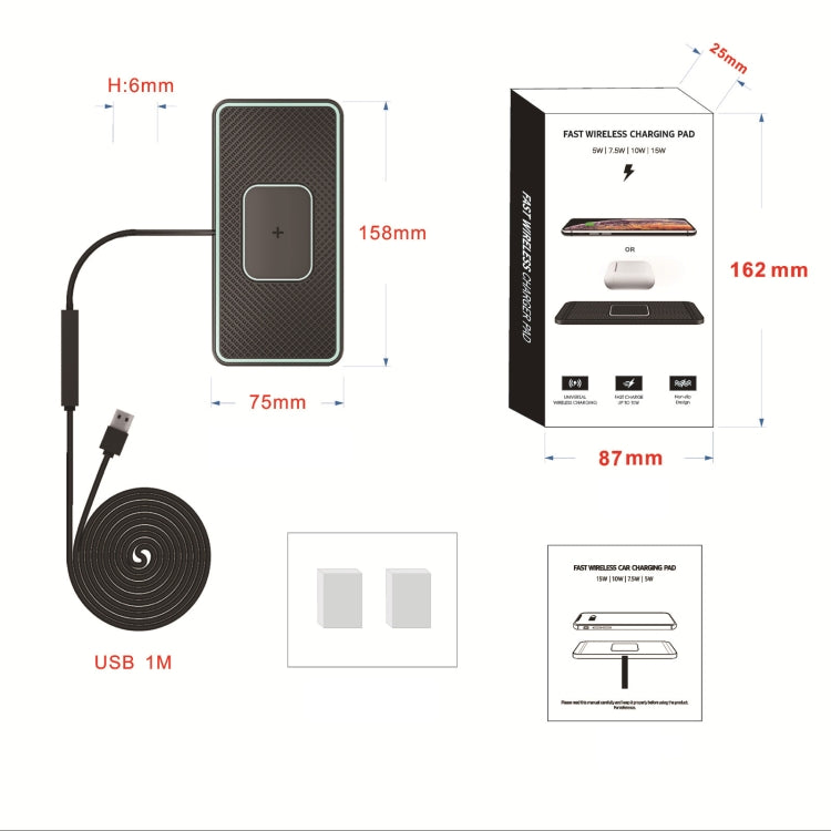 C1-PRO 2 in 1 Tappetino antiscivolo per ricarica wireless per auto con luminoso per AirPods / iPhone, C1PRO Black
